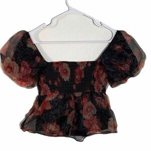 Thirty/Thirty LA Elegant Floral Puff Sleeve Crop Blouse Size S